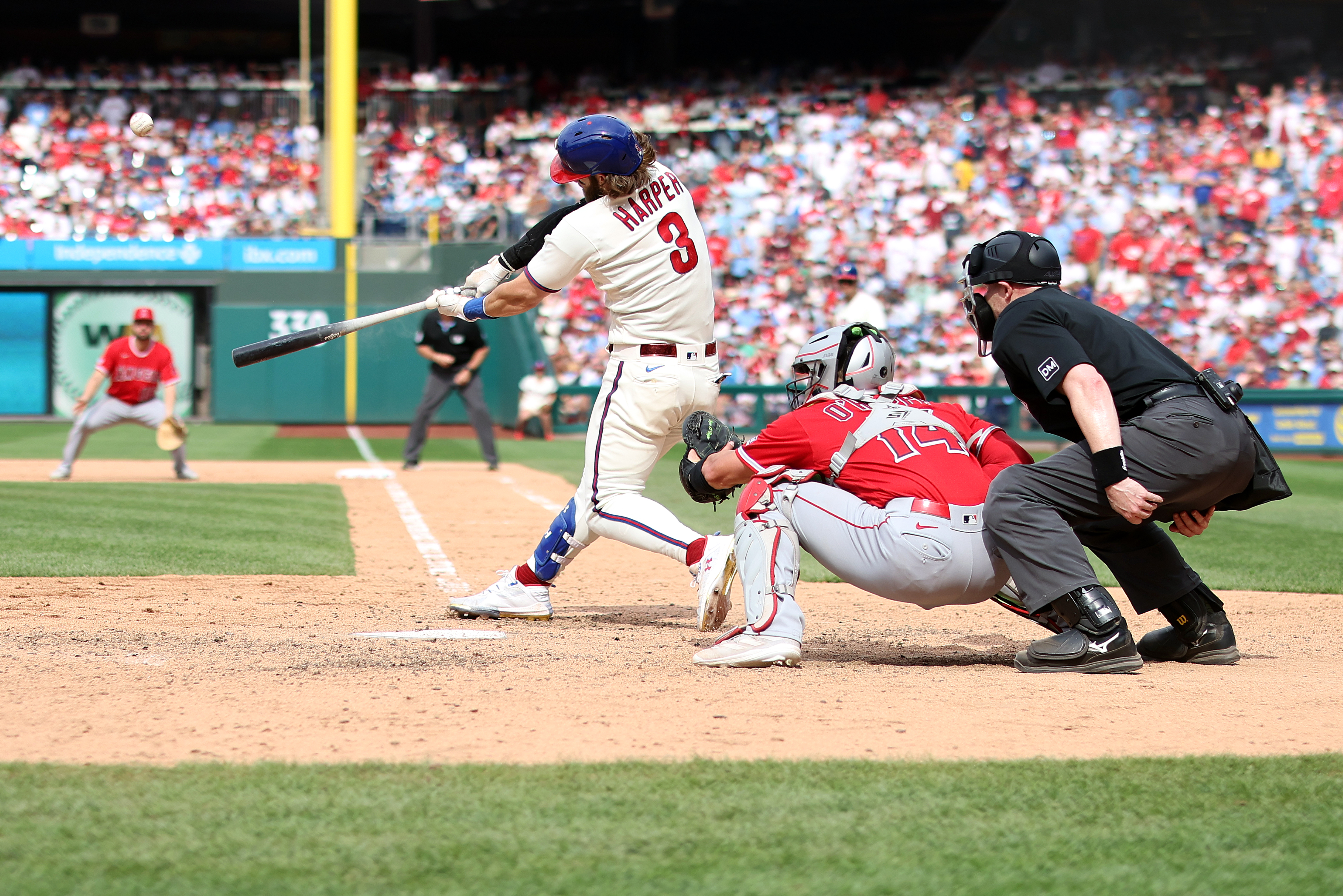 Bryce Harper (#3) of the Philadelphia Phillies hits a two-run homer during the eighth inning in the game against the Los Angeles Angels at Citizens Bank Park in Philadelphia, Pennsylvania, August 30, 2023. /CFP