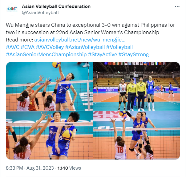 Asian Volleyball Confederation's tweet on August 31 about the match between China and the Philippines. /@AsianVolleyball