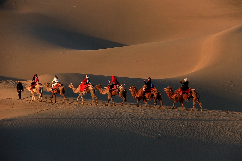 A photo shows tourists riding camels to visit the Mingsha Mountain Crescent Spring Scenic Area in Jiuquan, Gansu Province. /CFP