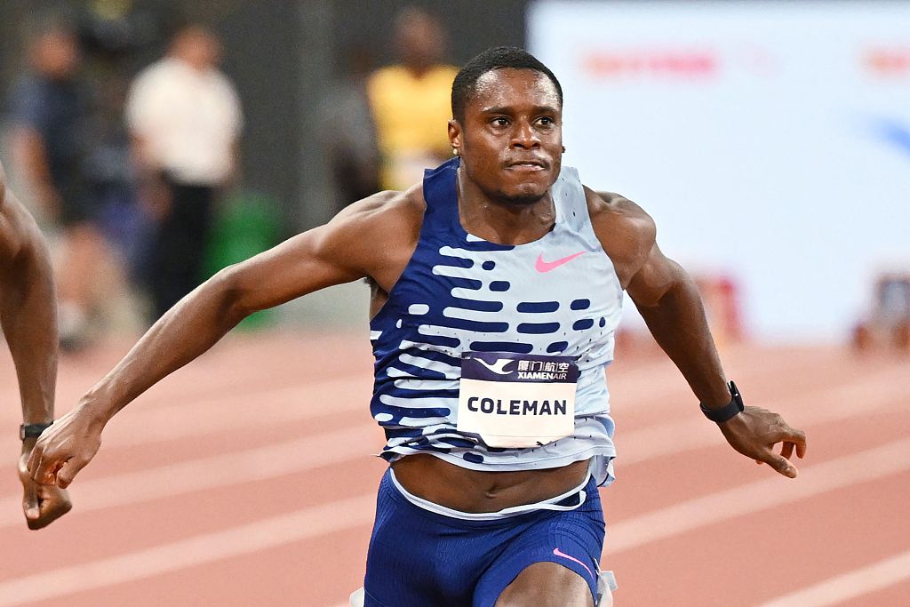 Christian Coleman of the U.S. comeptes in the men's 100-meter event in the Diamond League in Xiamen, southeast China's Fujian Province, September 2, 2023. /CFP