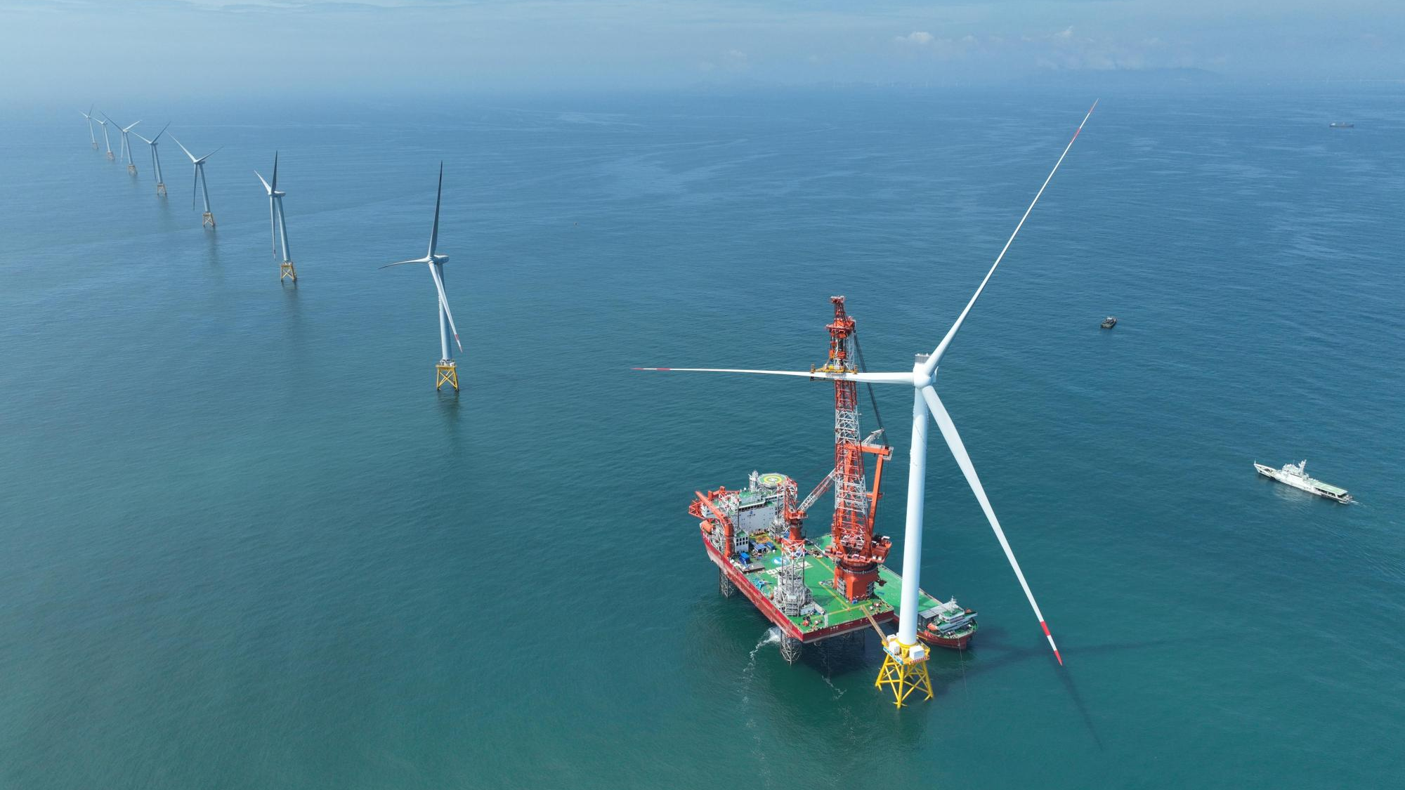 China's self-developed 16-megawatt offshore wind turbine off the coast of east China's Fujian Province. /CMG