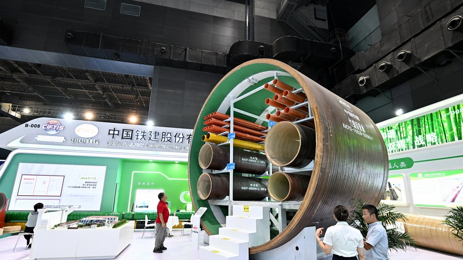 The bamboo winding composite pipes shown at the environmental services exhibition of the 2023 CIFTIS in Beijing, capital of China, September 2, 2023. /Xinhua
