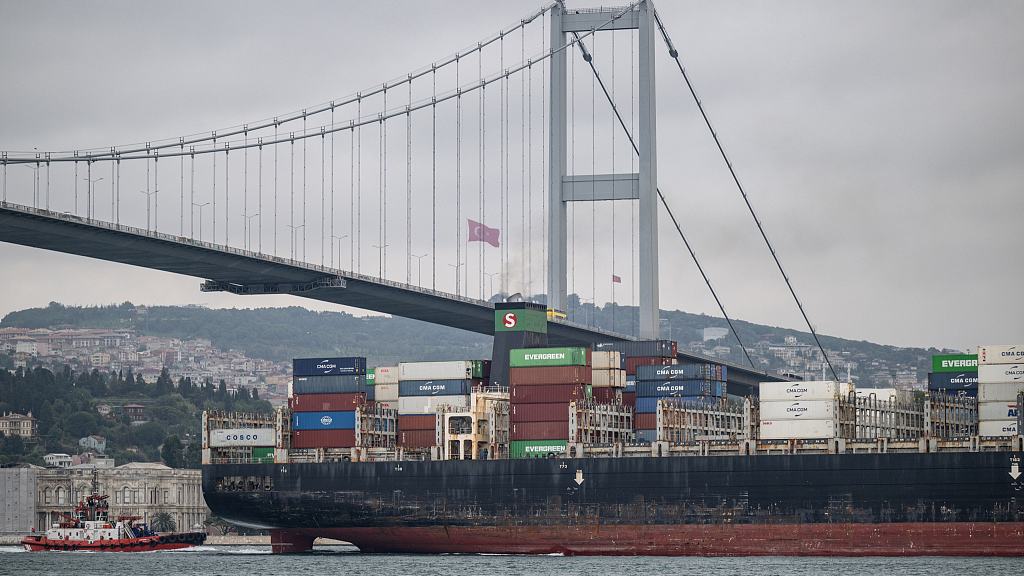 A container ship, which set sail from Ukraine's Odesa port, reaches the Istanbul Strait in Istanbul, Türkiye, August 18, 2023. /CFP