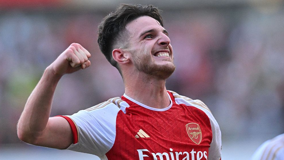 Declan Rice celebrates on the pitch after the Premier League match between Arsenal and Manchester United at the Emirates Stadium in London, England, September 3, 2023. /CFP