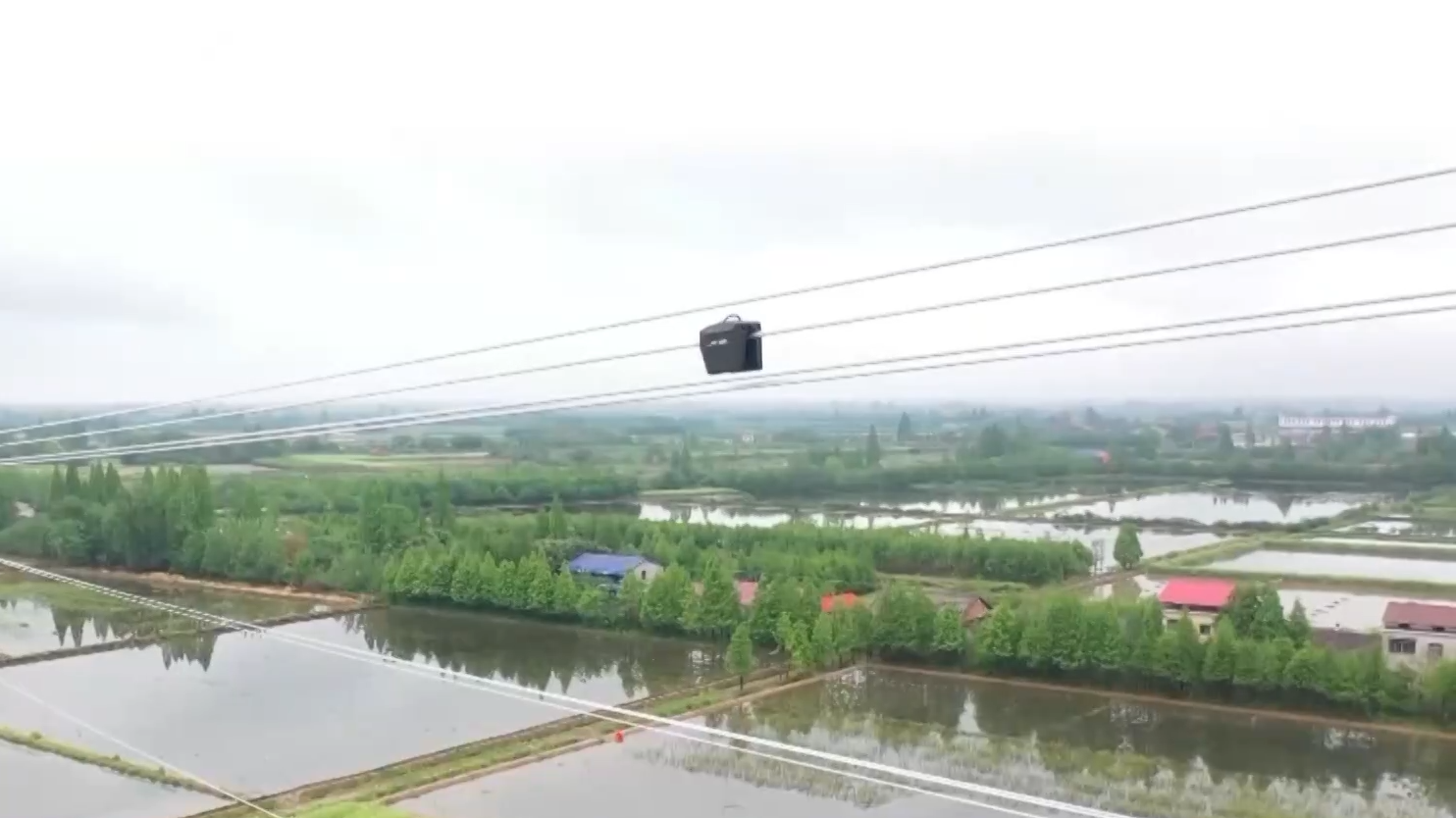 A robot for inspecting of high-voltage power lines works on the transmission line. /CGM