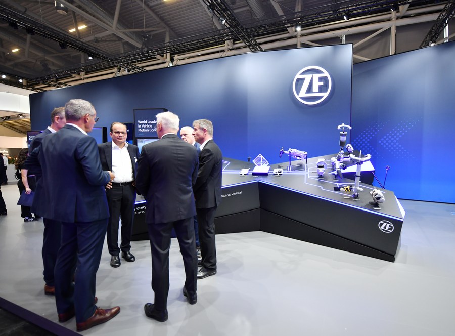 The booth of ZF Group during the press preview of the 2023 IAA, September 4, 2023. /Xinhua