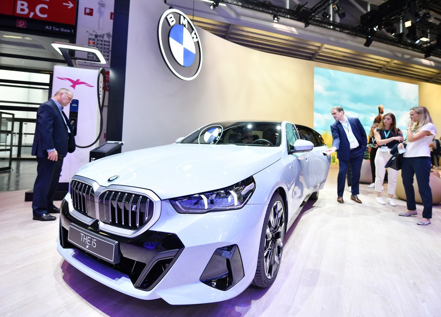 A BMW i5 electric car is on display during the press preview of the 2023 IAA, September 4, 2023. /Xinhua