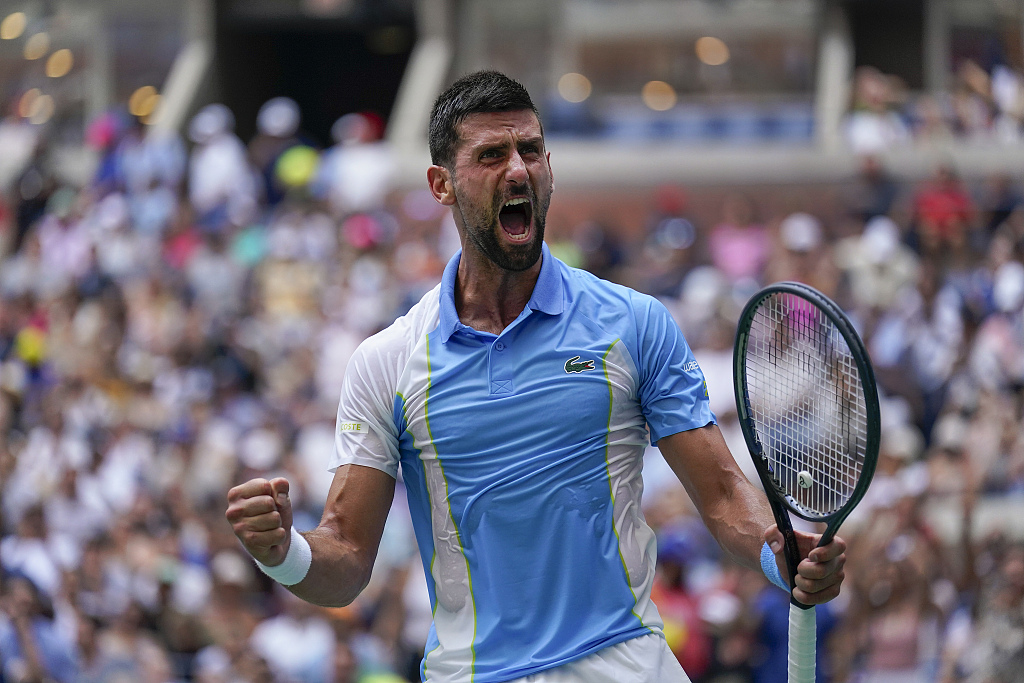 Novak Djokovic celebrates during the U.S. Open men's singles quarterfinals at the USTA Billie Jean King National Tennis Center in New York City, U.S., September 5, 2023. /CFP