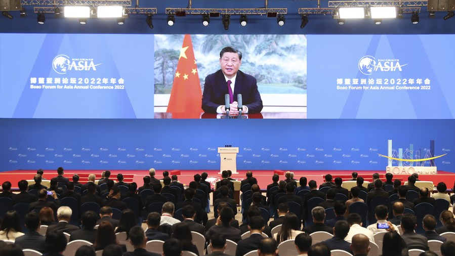 Chinese President Xi Jinping delivers a keynote speech via video at the opening ceremony of the Boao Forum for Asia Annual Conference 2022, April 21, 2022. /Xinhua