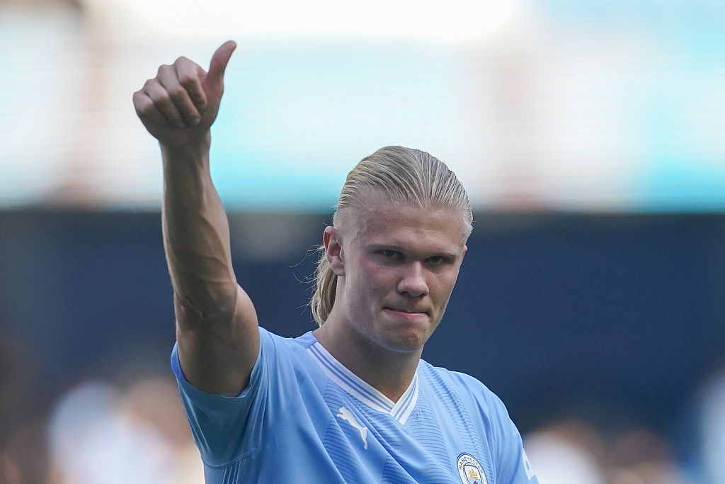Erling Haaland celebrates at the end of the English Premier League match between Manchester City and Fulham at the Etihad stadium in Manchester, England, September 2, 2023. 