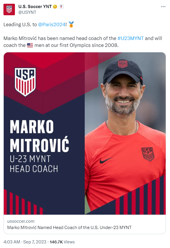 U.S. Soccer YNT's tweet on September 7 about Marko Mitrović. /@USYNT