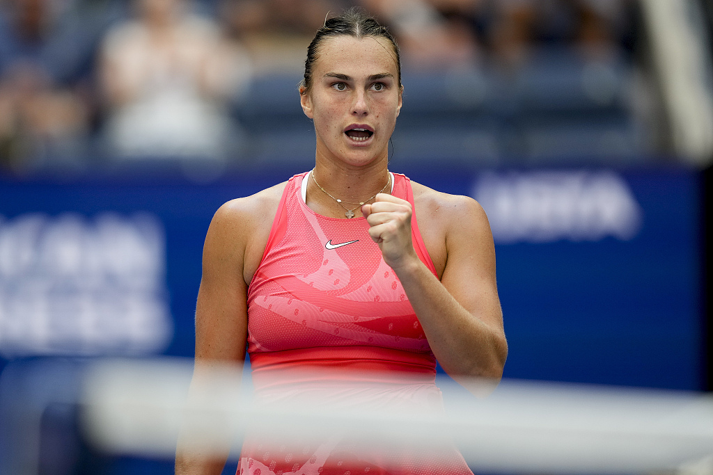 Aryna Sabalenka reacts after winning the quarterfinals of women's singles of the U.S. Open at the USTA Billie Jean King National Tennis Center in New York City, U.S., September 6, 2023. /CFP