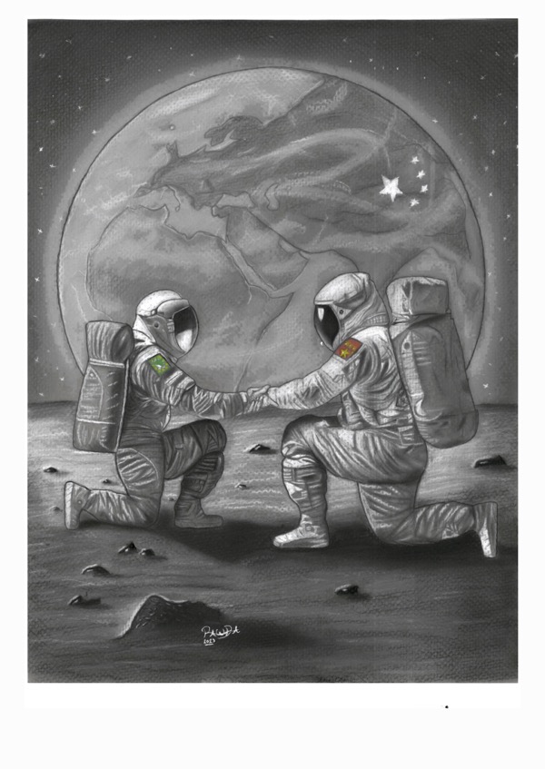 The painting depicts a scene with a taikonaut and an African astronaut joining hands on the moon's surface, symbolizing the strong cooperation between Africa and China. The artwork is titled 