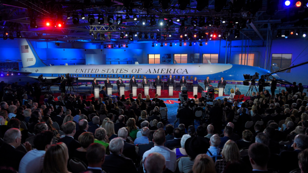 Republican presidential candidates stand behind their podiums during the CNN Republican presidential debate at the Ronald Reagan Presidential Library and Museum in Simi Valley, California, U.S., September 16, 2015. /AP