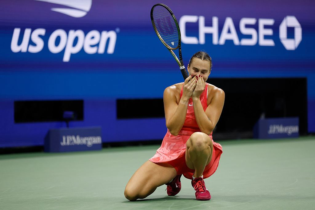 Aryna Sabalenka reacts to converting a match point against Madison Keys to win the U.S. Open women's singles semifinal in New York, U.S., September 7, 2023. /CFP