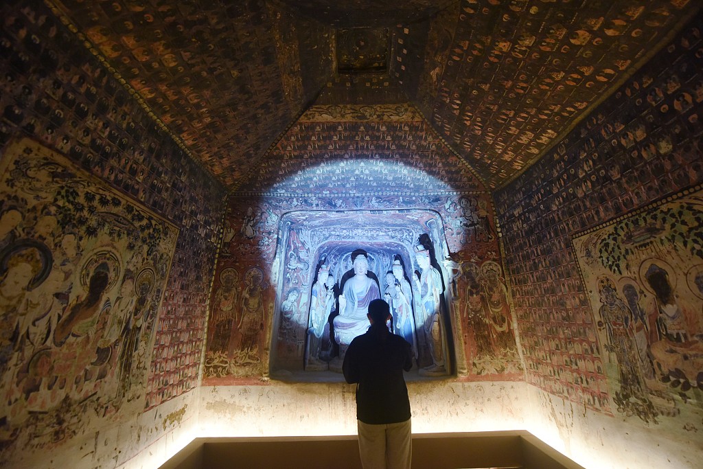 A file photo taken in April 2022 shows a 3D replica of a Mogao cave mural on display in Hangzhou, east China's Zhejiang Province. /CFP