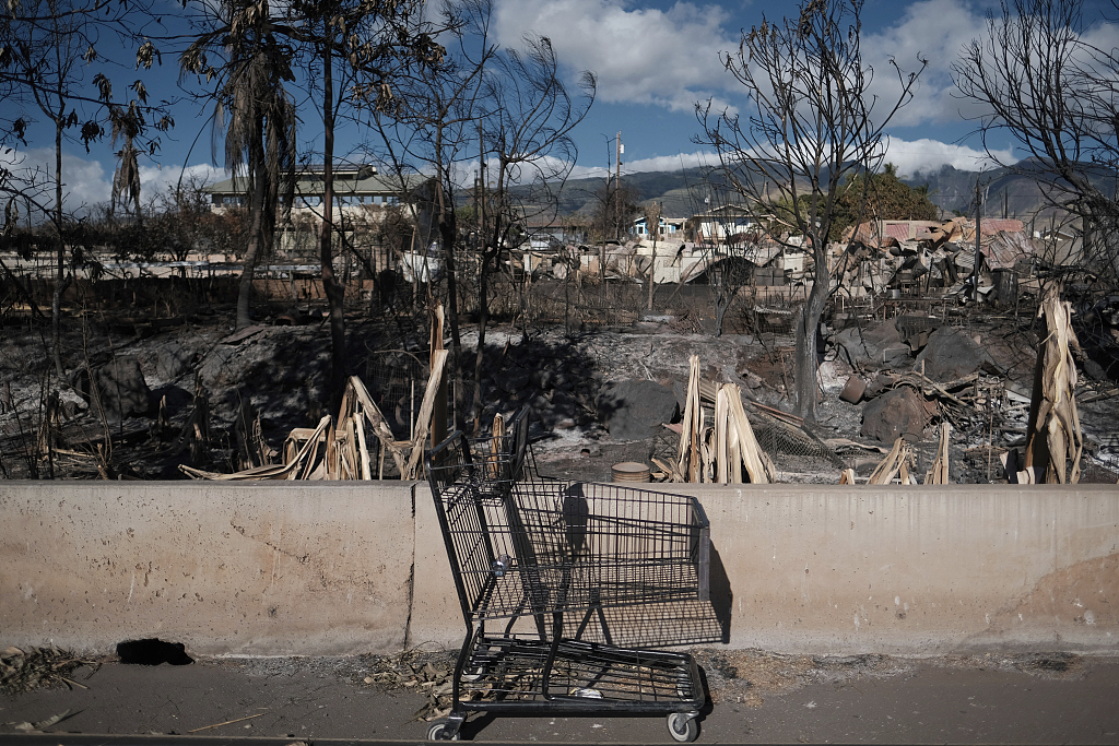 A shopping cart is left near a residential area in the wildfire-ravaged town of Lahaina on the island of Maui in Hawaii, the U.S., August 19, 2023. /VCG