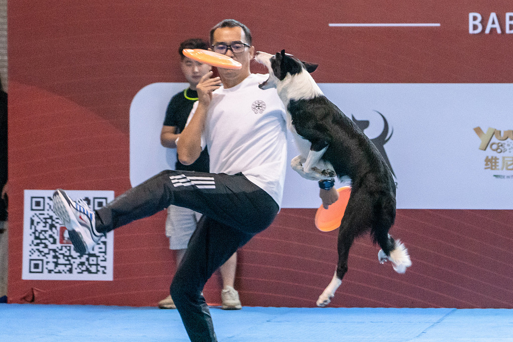 A man demonstrates dog training at a trendy pet exhibition on September 8, 2023, in Guangzhou, Guangdong Province. /CFP