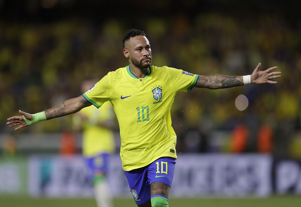 Neymar of Brazil celebrates after scoring a goal in the 2026 FIFA World Cup qualifying game against Bolivia at Mangueirao in Belem, Brazil, September 8, 2023. /CFP