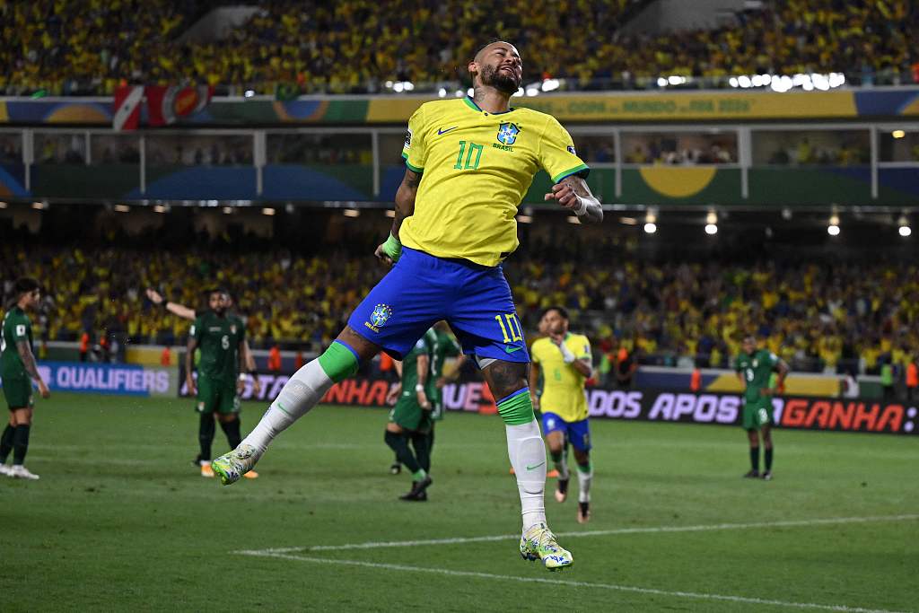 Neymar (#10) of Brazil celebrates after scoring a goal in the 2026 FIFA World Cup qualifying game against Bolivia at Mangueirao in Belem, Brazil, September 8, 2023. /CFP