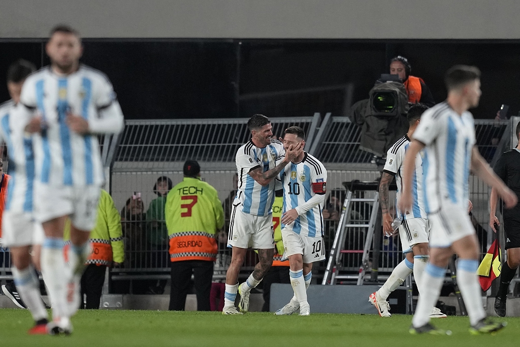 Lionel Messi (#10) of Argentina celebrates with teammate Rodrigo De Paul after their 1-0 victory over Ecuador during the the FIFA World Cup 2026 qualifier at Monumental stadium in Buenos Aires, Argentina, September 7, 2023. /CFP