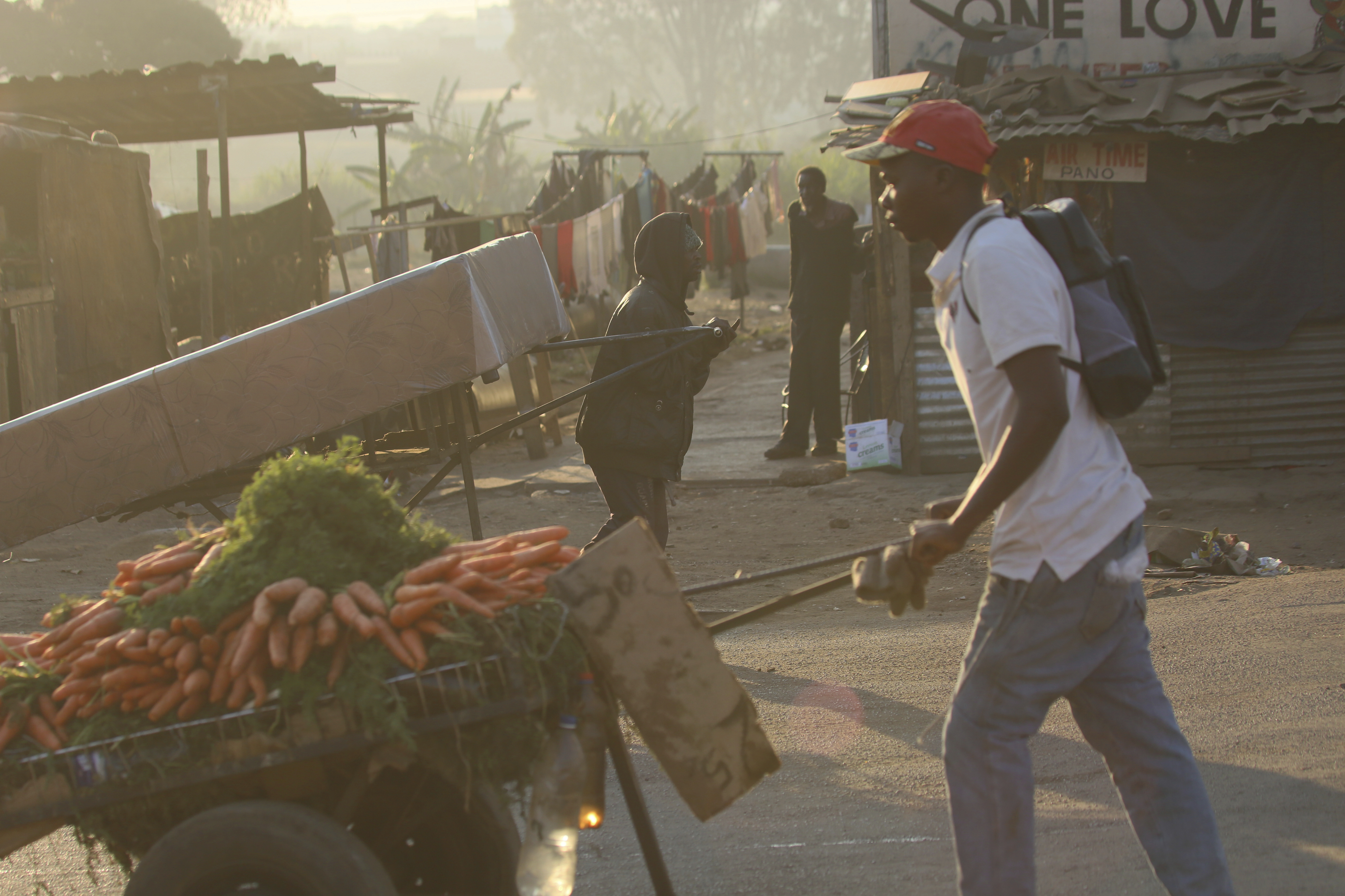 A man pushes a cart carrying carrots across paths at a market place in Harare, Zambia, August 14, 2019. /CFP