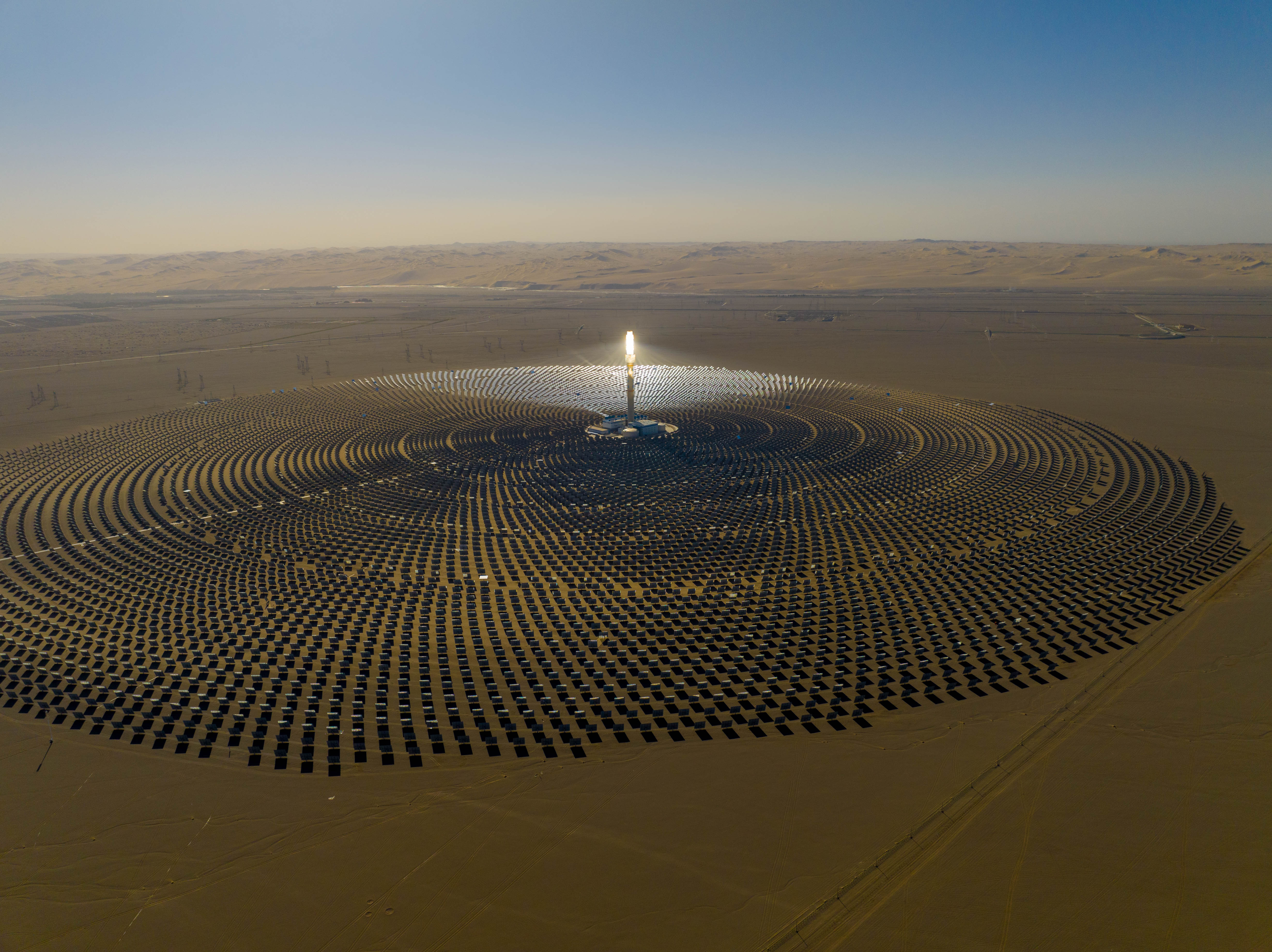 An aerial view of a solar thermal power station in Dunhuang, northwest China's Gansu Province, September 9, 2023. Qu Bo/CGTN 
