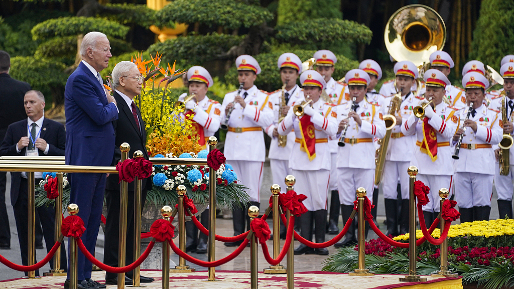 U.S. President Joe Biden participates in a welcome ceremony hosted by General Secretary of the Communist Party of Vietnam Central Committee (CPVCC) Nguyen Phu Trong at the Presidential Palace in Hanoi, Vietnam, September 10, 2023. /CFP