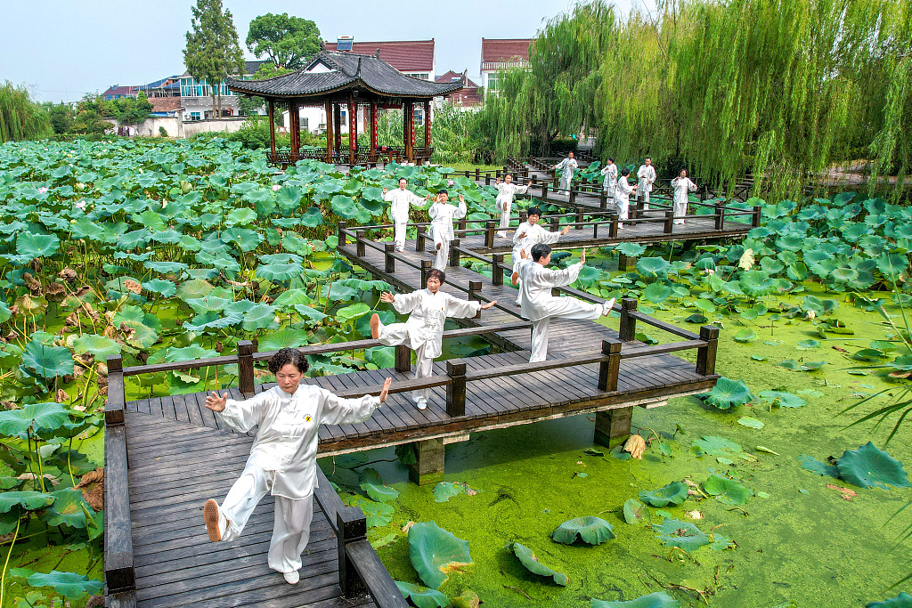 A group of Tai Chi enthusiasts practice the sport of gentle movements and physical postures at a park in Huzhou City, Zhejiang Province, on September 11, 2023. /CFP