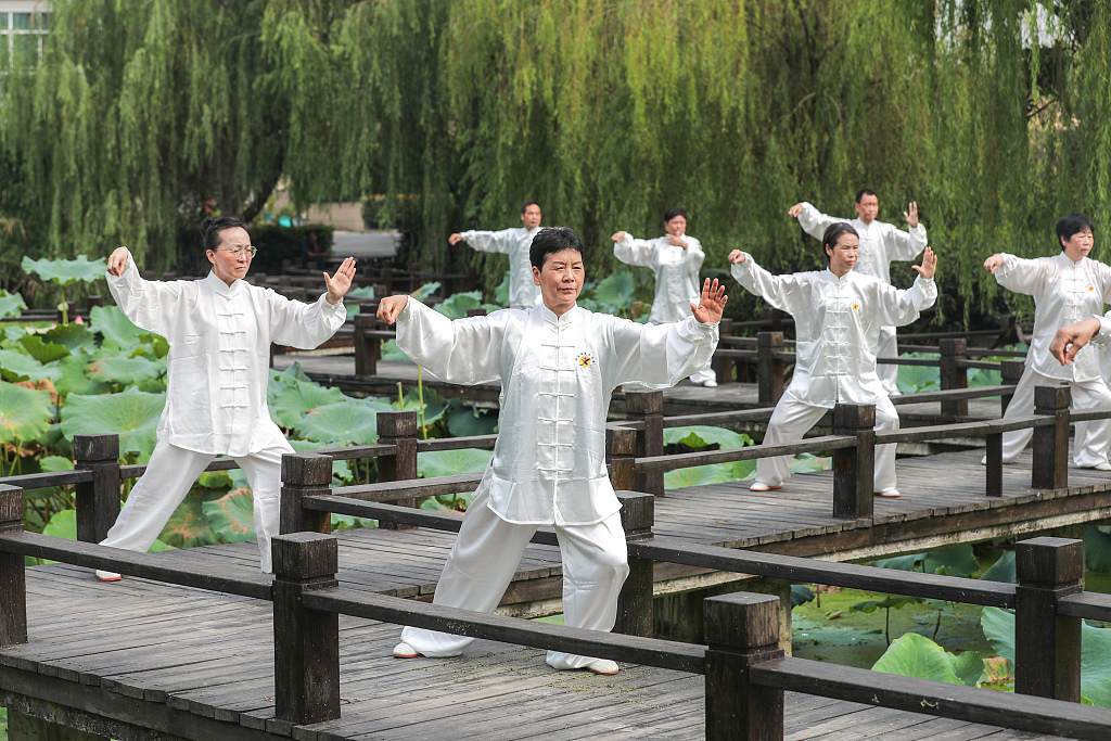 A group of Tai Chi enthusiasts practice the sport of gentle movements and physical postures at a park in Huzhou City, Zhejiang Province, on September 11, 2023. /CFP