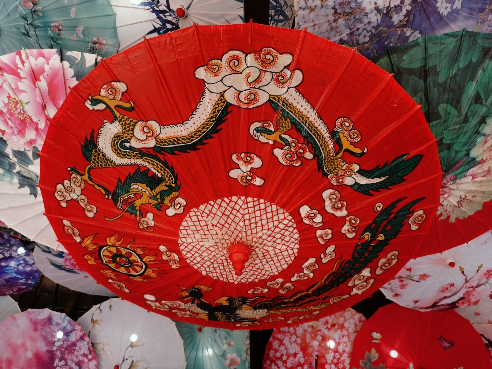 Traditional umbrellas are on display at Feishan Temple in Tongren, southwest China's Guizhou Province, on August 26, 2023. /CGTN