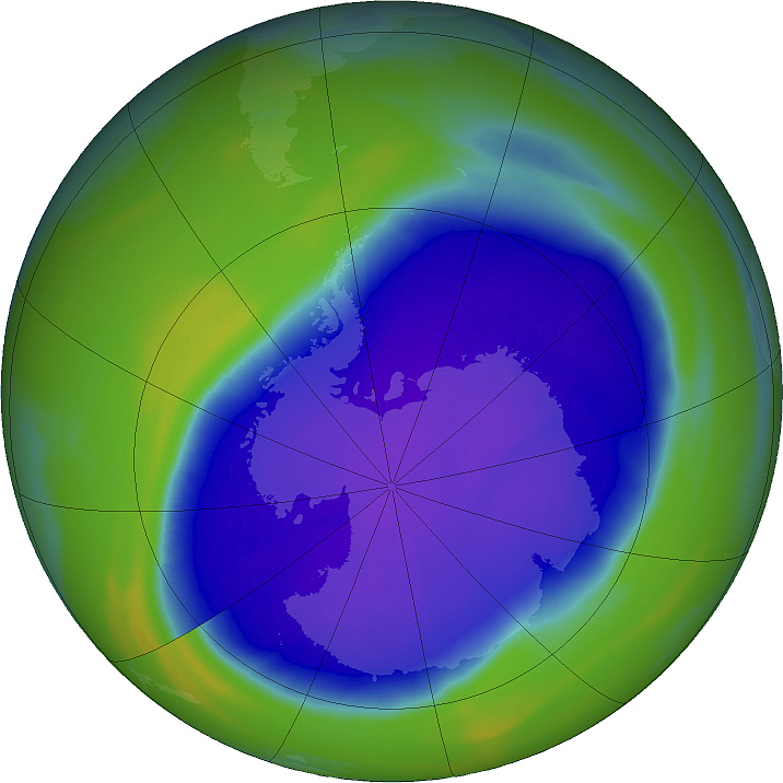 In this NASA false-color image, the blue and purple shows the hole in Earth's protective ozone layer over Antarctica, October 5, 2022. /NASA
