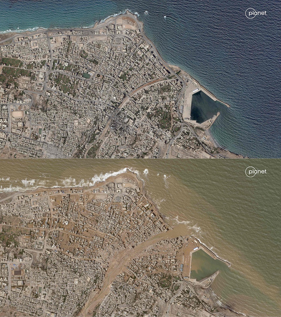 This combination of handout satellite images released by Planet Labs PBC shows an aerial view of the city of Derna before flash floods  (upper), September 2, 2023, and after flash flooding (lower), September 12, 2023. /AFP 