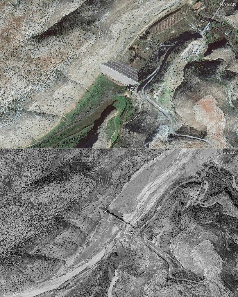 This combination of satellite pictures created and released by Maxar Technologies shows upper dam on Wadi Derna river before floods (upper), January 7, 2022, after floods (lower), September 13, 2023. /AFP