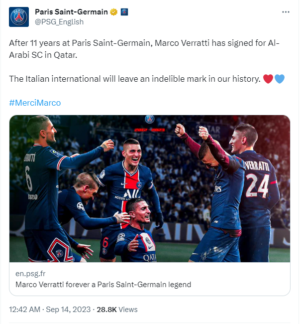 Paris Saint-Germain's tweet on September 14 about Marco Verratti. /@PSG_English