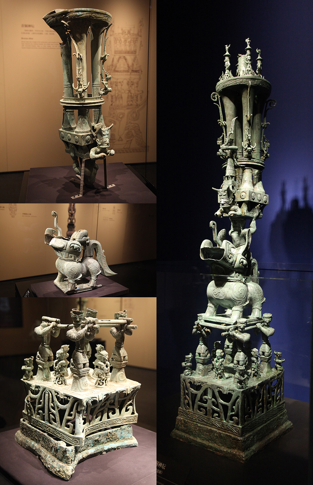 A combo photo shows how bronzeware parts unearthed from different pits of the Sanxingdui Ruins (left) can be joined together. The combination is shown in a 3D printed model on the right of the photo. Both the original parts and the 3D printed model are on display at the new building of the Sanxingdui Museum. /CGTN