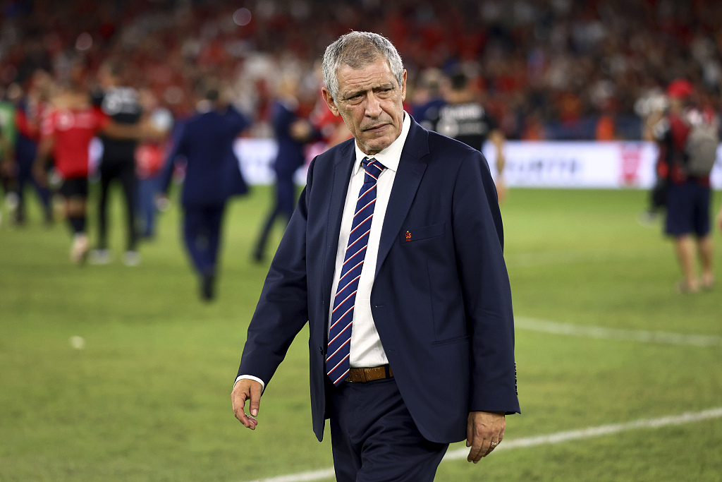 Fernando Santos, manager of Poland, looks on after the 2-0 loss to Albanis in the 2024 UEFA European Championship qualifying tournament game at the Air Albania Stadium in Tirana, Albania, September 10, 2023. /CFP