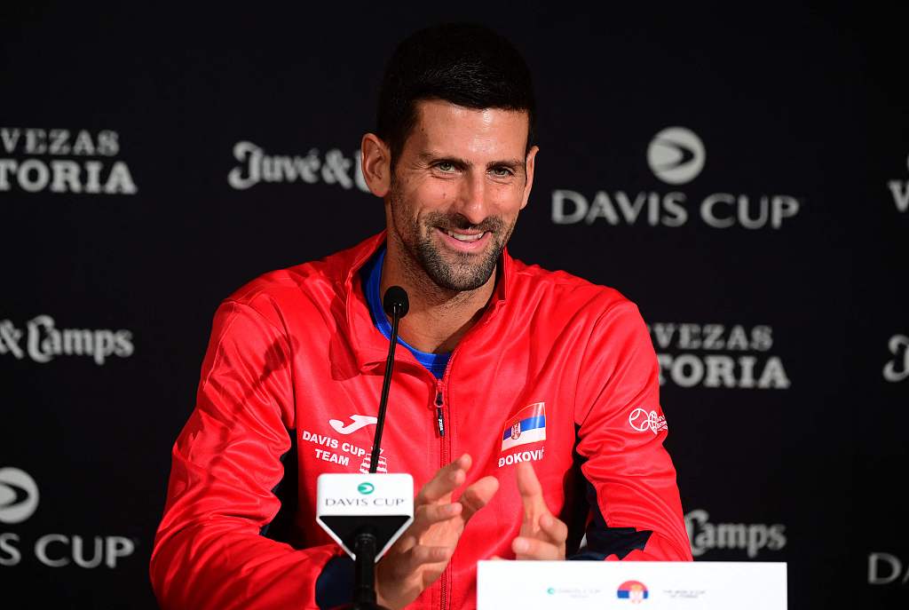 Serbia's Novak Djokovic speaks at a press conference during the Davis Cup tennis tournament at the Fuente San Luis Sports Hall in Valencia, Spain, September 14, 2023. /CFP