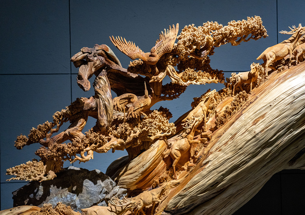 A photo taken on August 30, 2023 shows a work of Dongyang wood carving displayed at Huang Xiaoming's museum in Jinhua, Zhejiang Province. /CFP