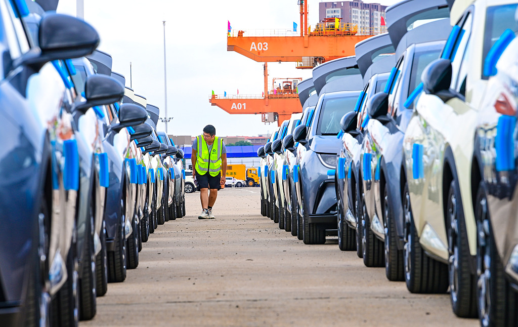 A port staff member inspects new energy vehicles to be exported at Ganzhou International Dry Port in Ganzhou, southeast China's Jiangxi Province, September 13, 2023. /CFP