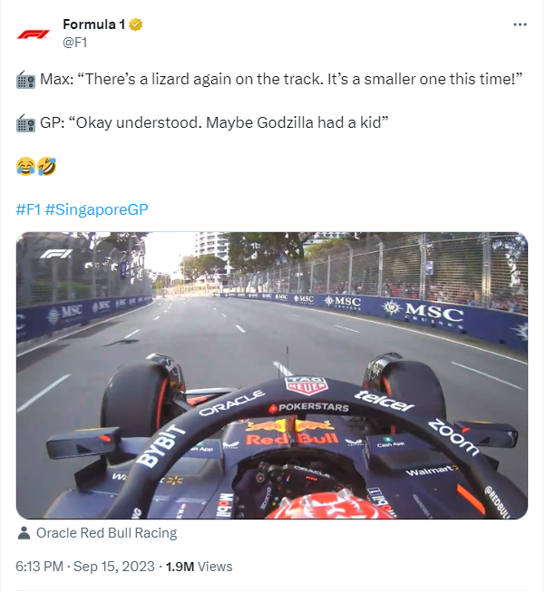 Formula 1's tweet on September 15 about Verstappen's team radio on a lizard on the track. /F1