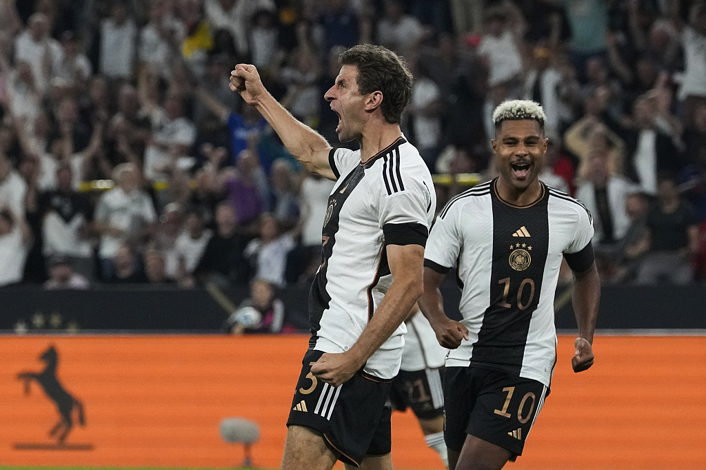 Thomas Muller (L) of Germany celebrates after scoring a goal in a friendly against France in Dortmund, Germany, September 12, 2023. /CFP 