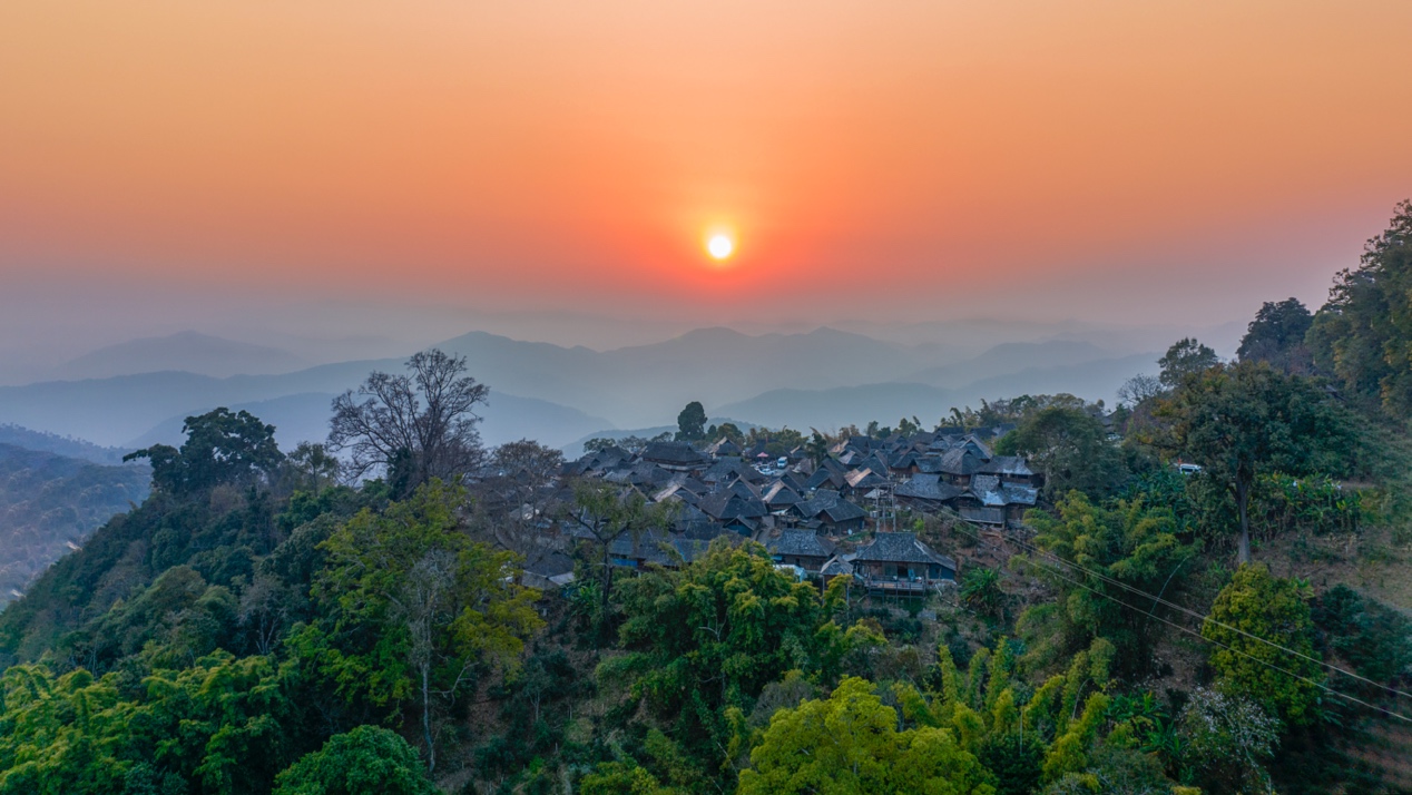 An ancient village on the Jingmai Mountain is surrounded by forests and old tea plantations. /Courtesy of Duan Zhaoshun
