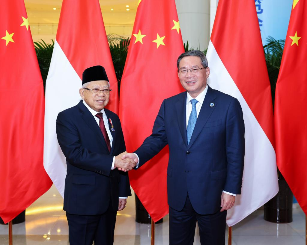 Chinese Premier Li Qiang (R) meets with Indonesia's Vice President Ma'ruf Amin in Nanning, south China's Guangxi Zhuang Autonomous Region, September 16, 2023. /Xinhua