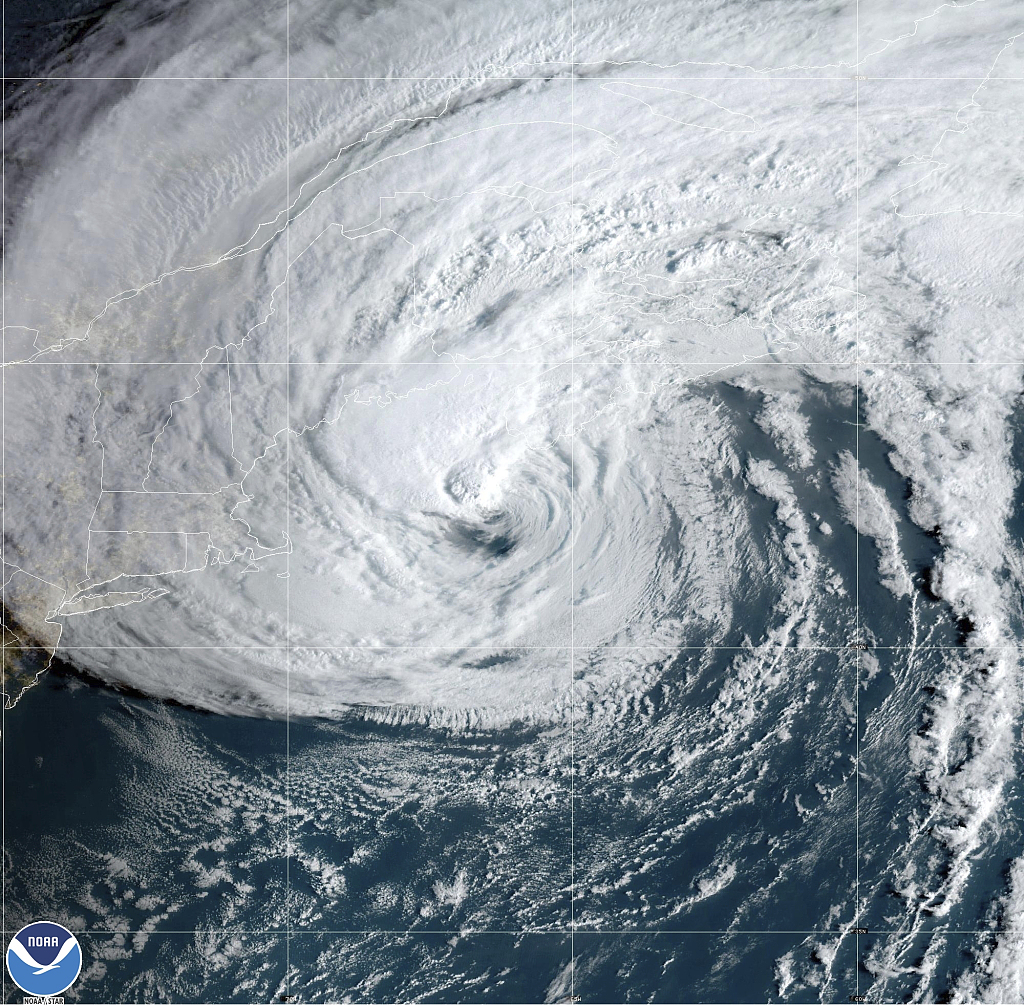 A satellite image provided by the National Oceanic and Atmospheric Administration shows Post-Tropical Cyclone Lee, right, near New England and Eastern Canada, September 16, 2023. /USNOAA