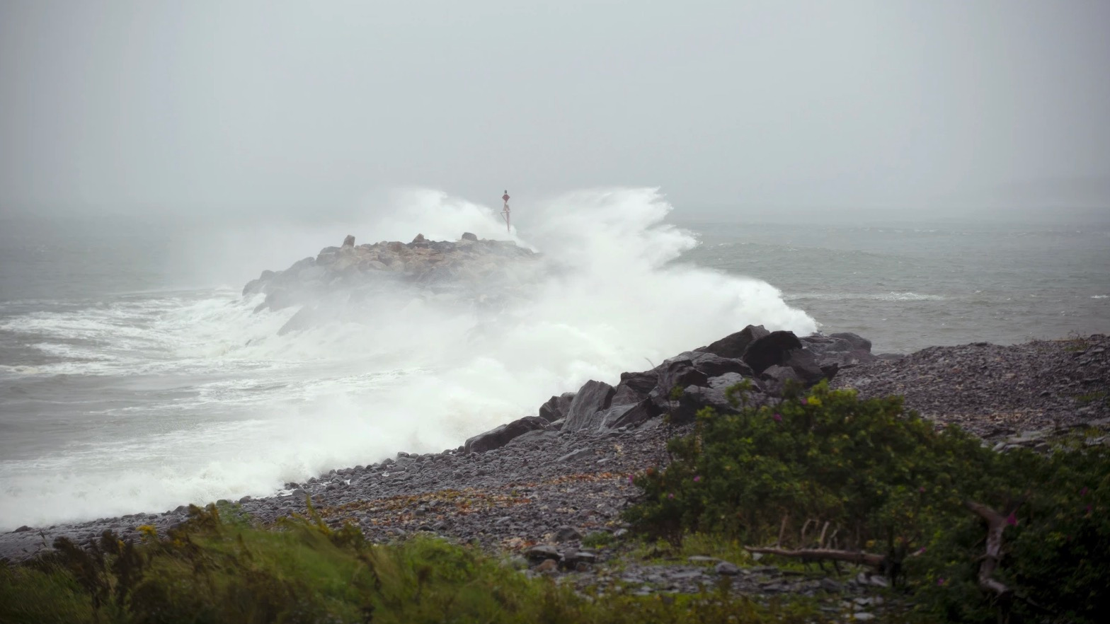 Waves crash against a breakwater in Port Maitland, Nova Scotia, Canada, as post-tropical cyclone Lee approaches, September 16, 2023. /AP