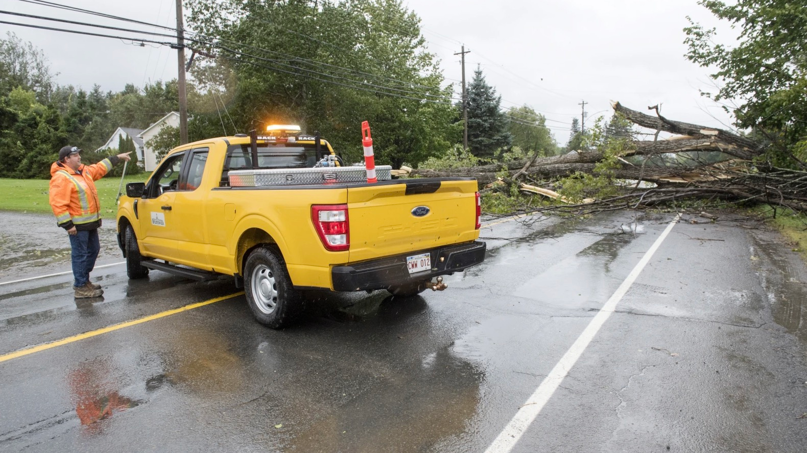 Personnel with the New Brunswick department of transportation and infrastructure block the road next to a large tree that fell on Woodstock Road in Fredericton, New Brunswick, Canada, September 16, 2023. /AP