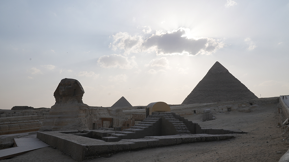 A view of the pyramids and the Great Sphinx of Giza on the Giza Plateau, southwest of Cairo, Egypt. /CGTN