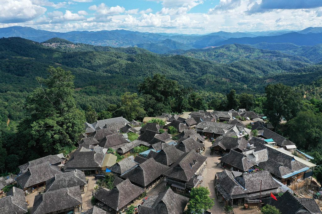 A photo shows an aerial view of Wengji Village on Jingmai Mountain in Lancang Lahu Autonomous County, southwest China's Yunnan Province, September 16, 2023. /CFP