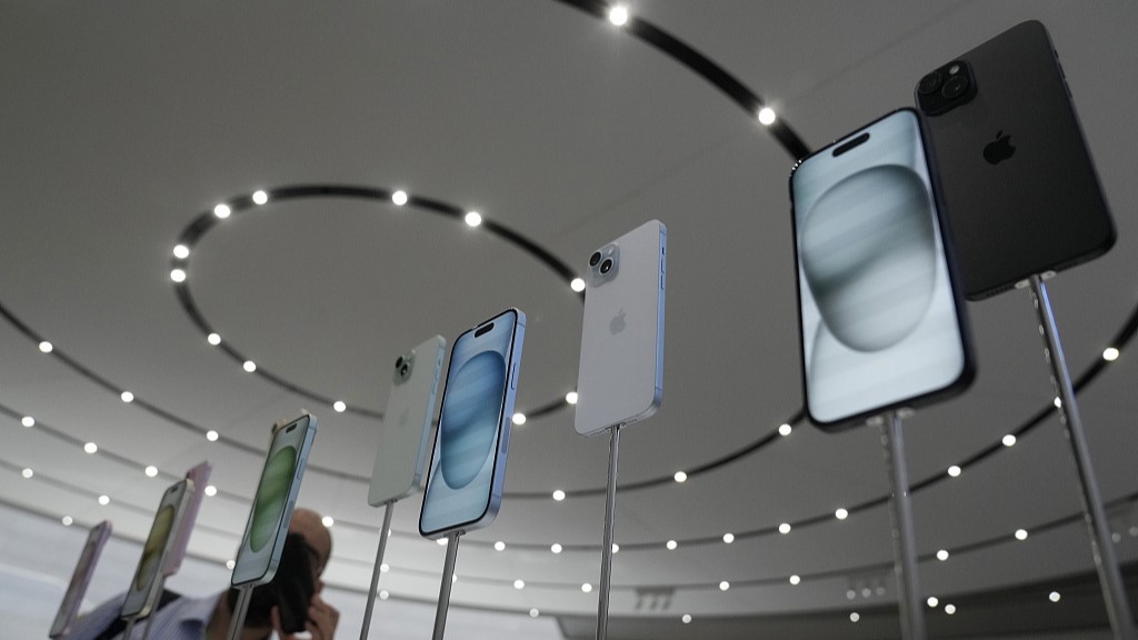 The iPhone 15 phones are shown during an announcement of new products on the Apple campus in Cupertino, U.S., September. 12, 2023. /CFP